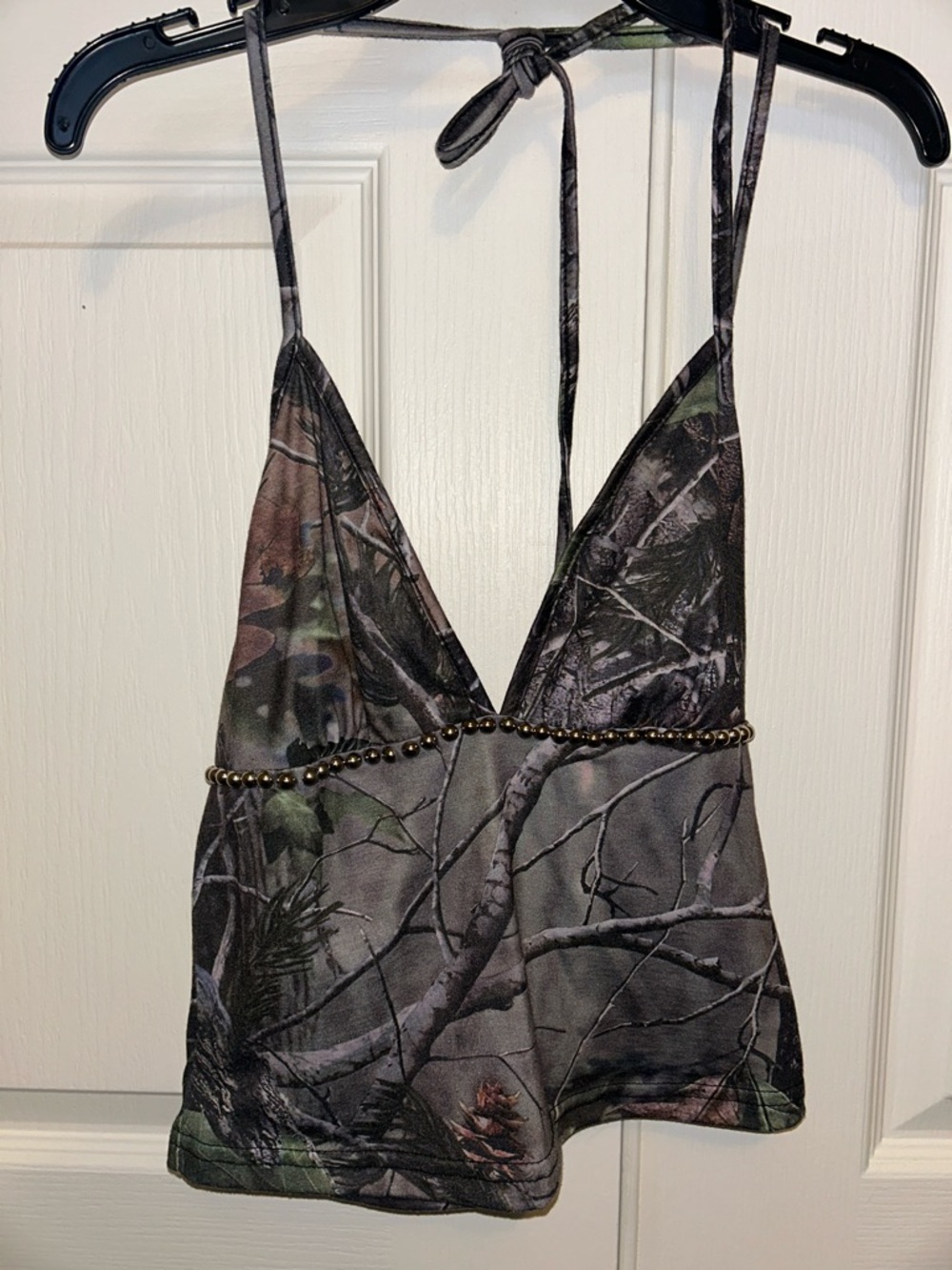 Camo Halter Tank Top with Beaded Trim